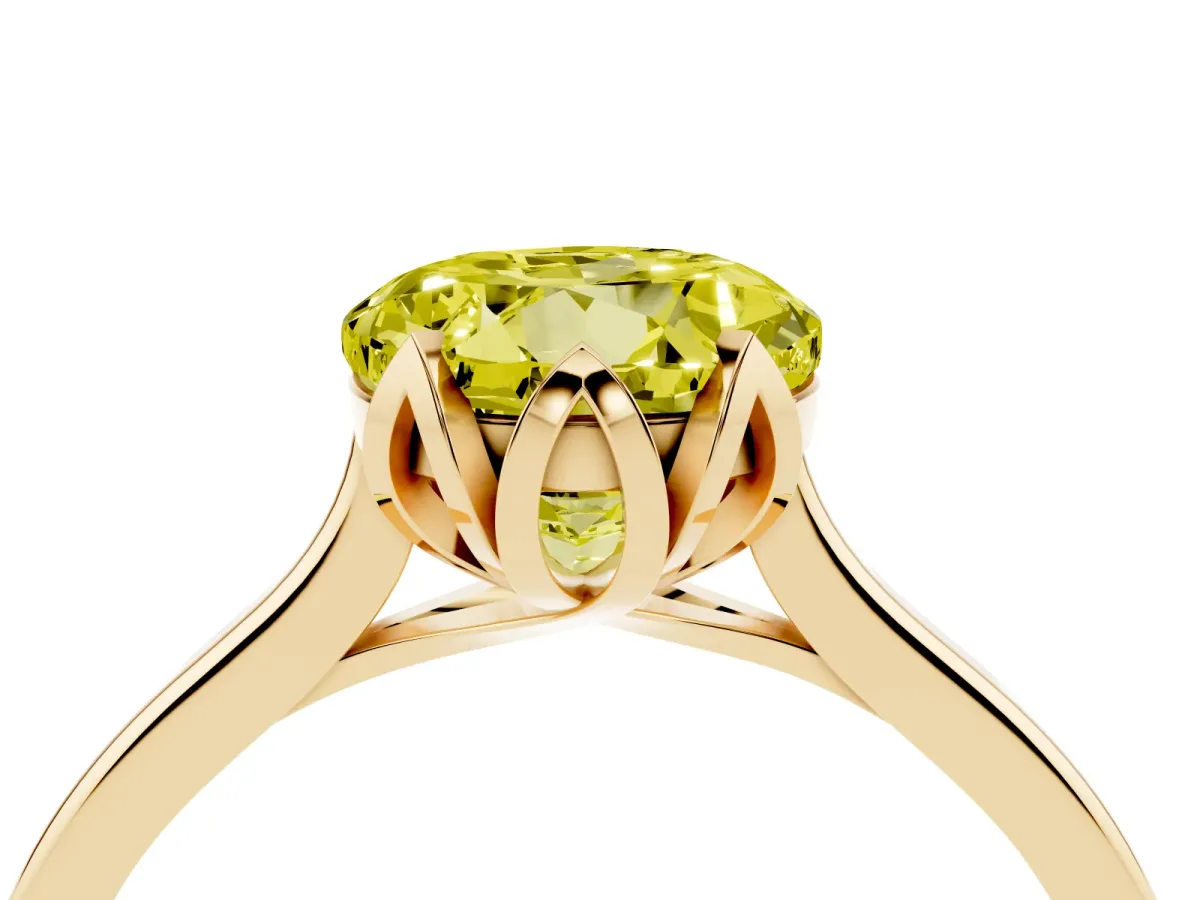 Fancy Yellow Round Cut Diamond Solitaire Ring with Flower Prong Setting and Classic Band Yellow gold