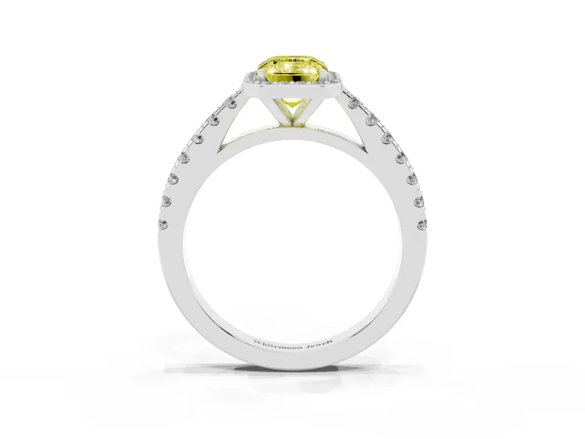 Fancy Yellow Emerald Cut Cut Halo Diamond Engagement Ring with Pave Band and Four-Prong Setting Platinum