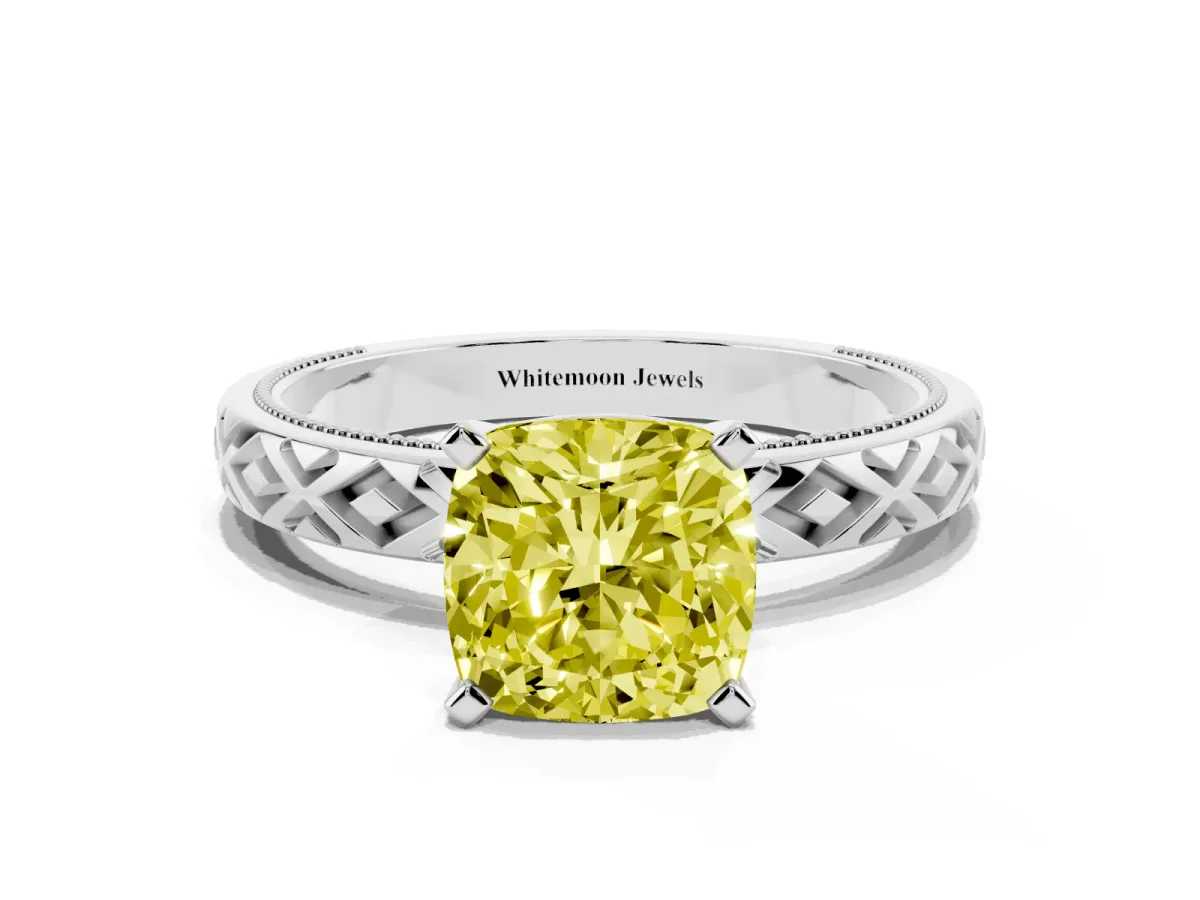 Fancy Yellow Cushion Cut Solitaire Diamond Ring with Milgrain and Black Enamel X Pattern Band Silver
