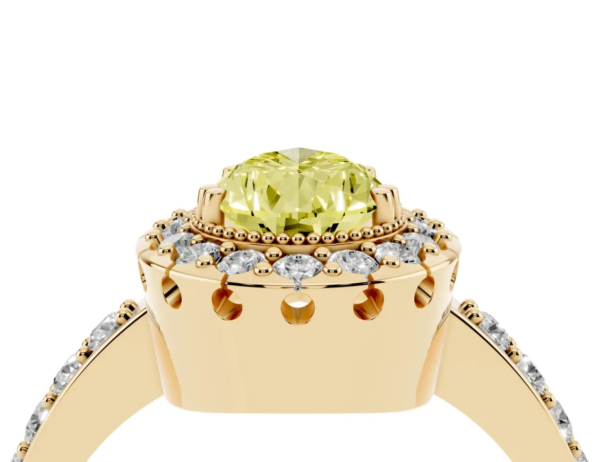 Fancy Yellow Pear Cut Diamond Halo Ring with Pavé Band and Prong Setting Yellow gold