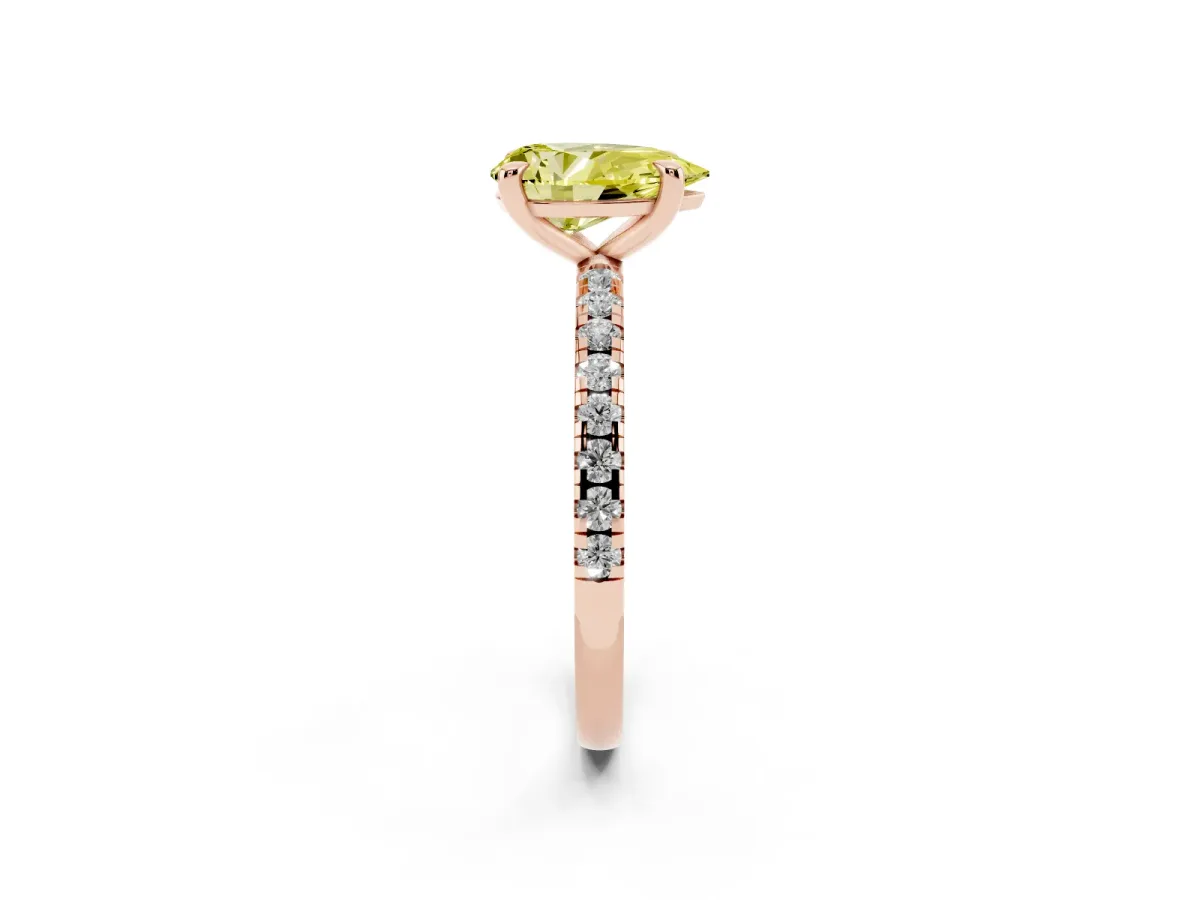 Fancy Yellow Pear Cut Diamond Brilliant Solitaire Ring with Pavé Band and Four-Prong Setting Rose gold
