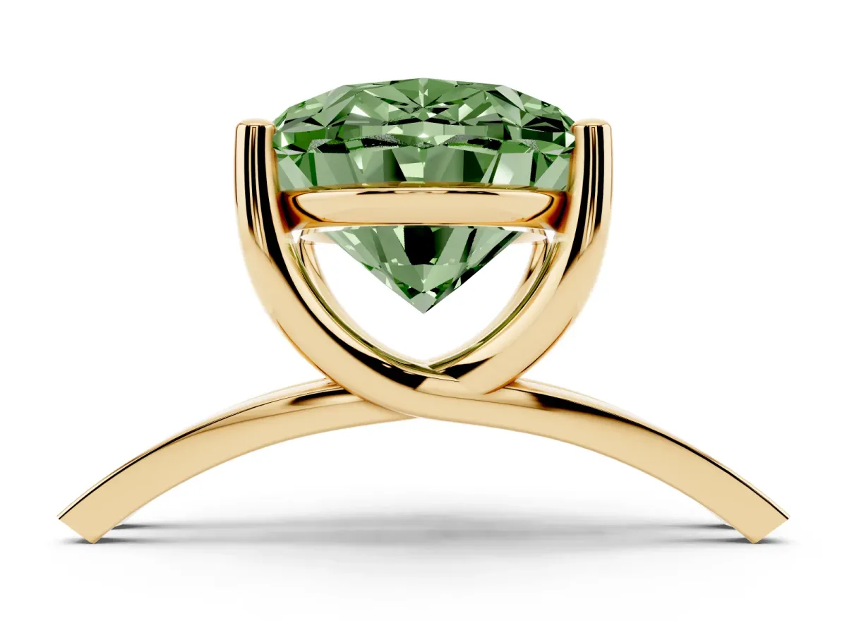 Fancy Green Oval Cut Cut Diamond Solitaire Engagement Ring with Tapered Plain Band and Four-Prong Setting Yellow gold