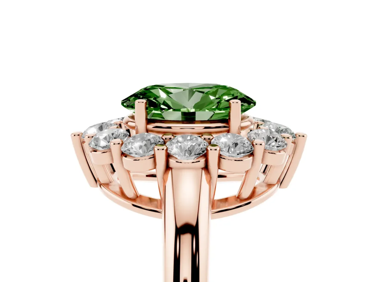 Fancy Green Oval Cut Halo Cluster Diamond Engagement Ring with Prong Setting and Polished Band Rose gold