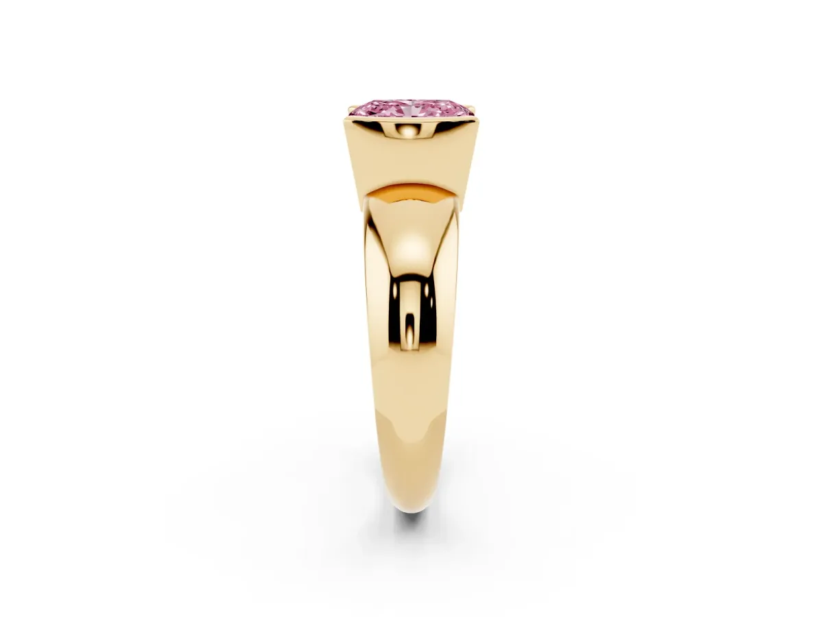 Fancy Pink Radiant Cut Solitaire Tension Set Diamond Ring with Wide Band Yellow gold