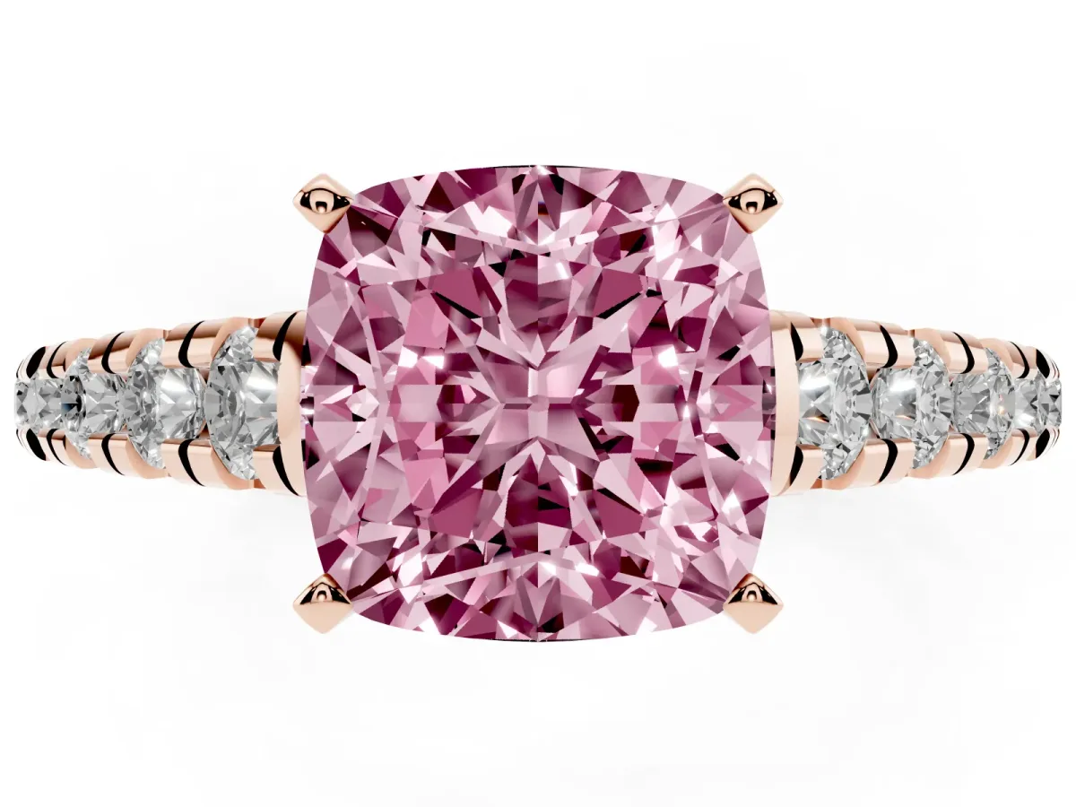 Fancy Pink Cushion Cut Diamond Cathedral Solitaire Ring with Round Pavé Band Rose gold