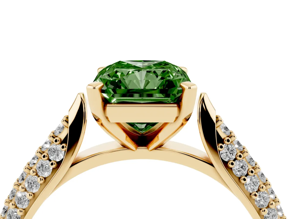 Fancy Green Radiant Cut Diamond Solitaire Engagement Ring with Multi-Row Round Pavé Band and Prong Setting Yellow gold