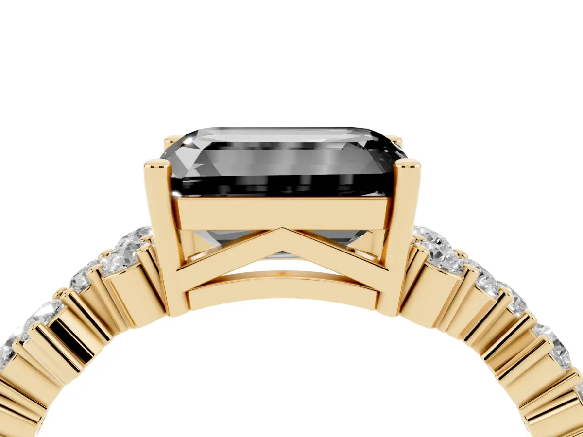 Fancy Black Emerald Cut Diamond Scattered Round Accent Ring with Prong Setting Yellow gold