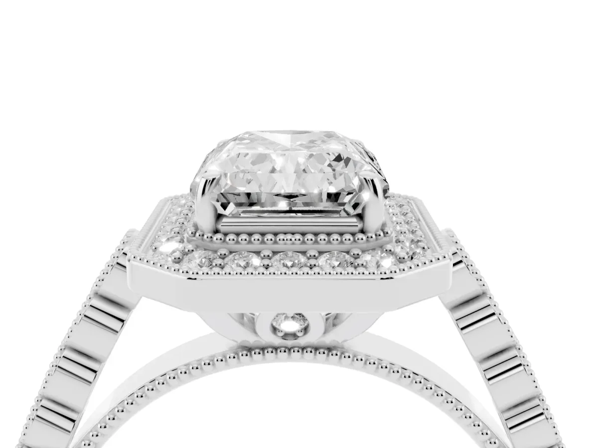Radiant Cut Halo Milgrain Solitaire with Bezel Set Side Stones and Pave Band Platinum