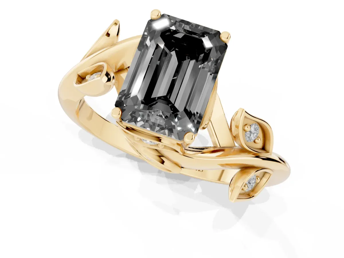 Fancy Black Emerald Cut Solitaire Twist Engagement Ring with Leaf Accents and Prong Setting Yellow gold
