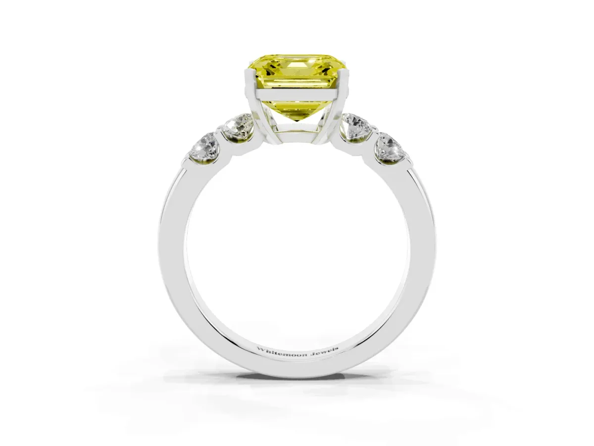 Fancy Yellow Asscher Cut Brilliant Cut Diamond Five-Stone Prong Set Engagement Ring with Channel Band Platinum