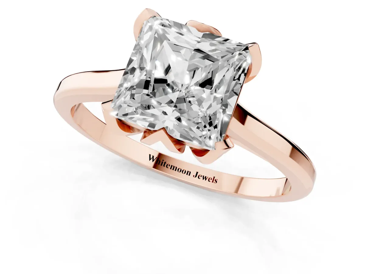 Princess Cut Diamond Solitaire Ring with Flower Prong Setting and Classic Band Rose gold