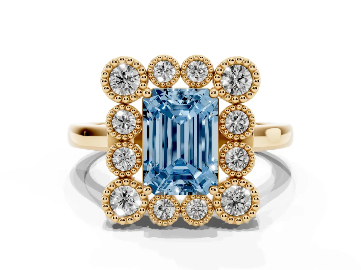 Fancy Blue Emerald Cut Halo Diamond Cluster Engagement Ring with Milgrain Bezel Setting and Solitaire Band Yellow gold