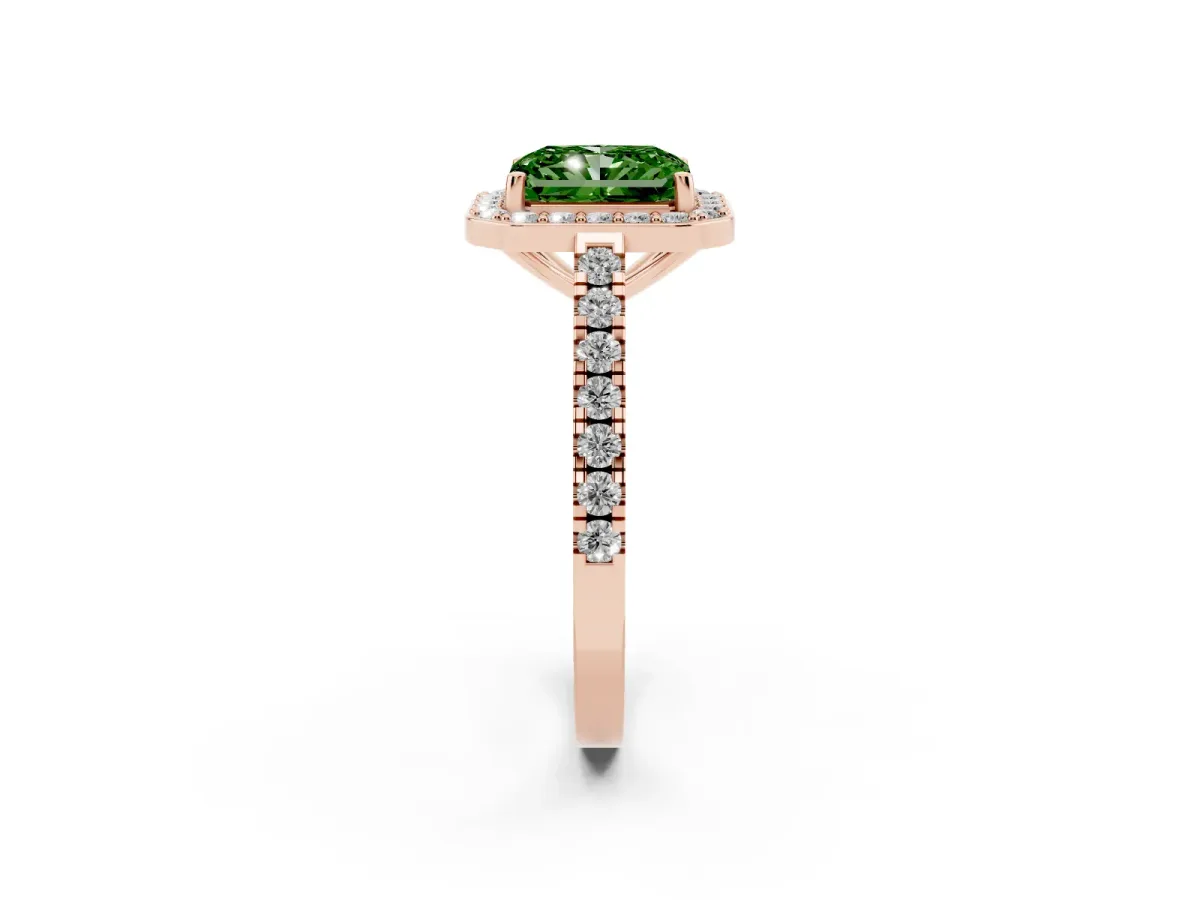 Fancy Green Radiant Cut Diamond Halo Ring with Round Pavé Split Shank and Prong Setting Rose gold