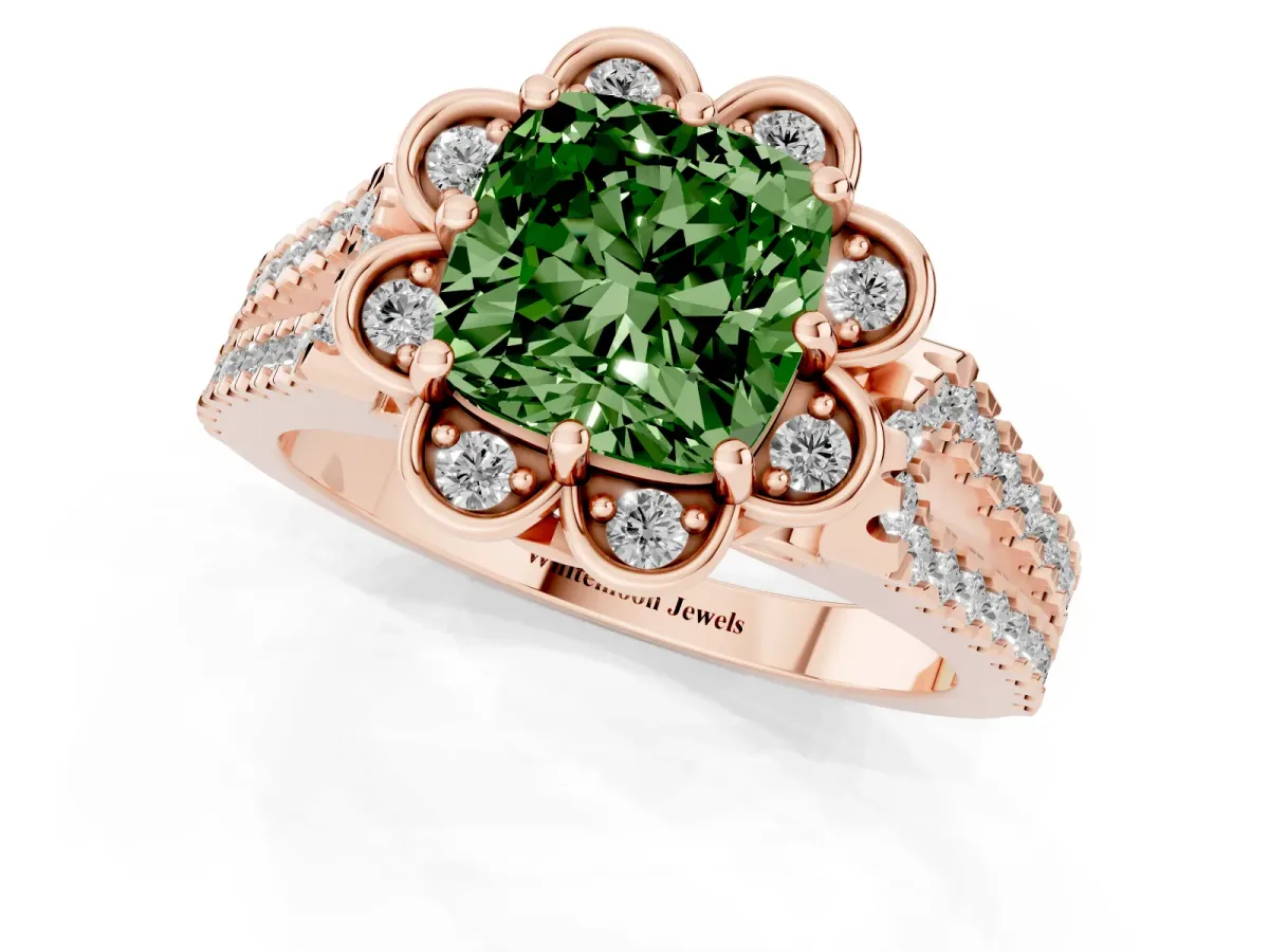 Fancy Green Cushion Cut Halo Diamond Floral Split Shank Engagement Ring Rose gold