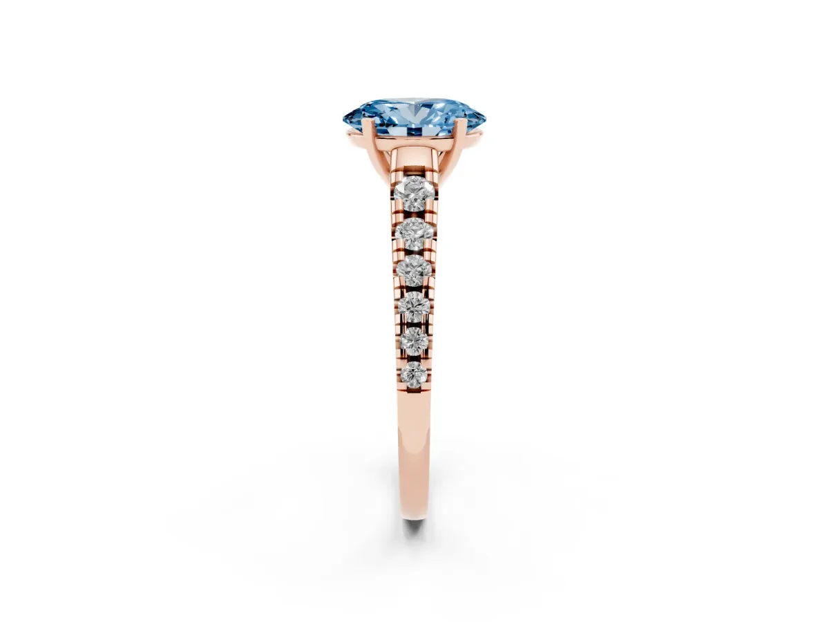 Fancy Blue Oval Cut Diamond Cathedral Solitaire Ring with Round Pavé Band Rose gold