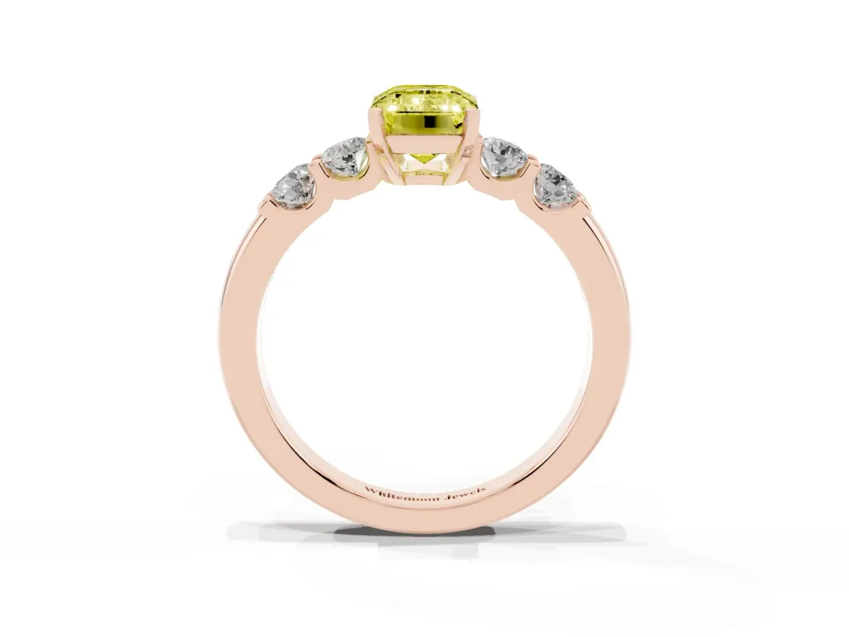 Fancy Yellow Emerald Cut Brilliant Cut Diamond Five-Stone Prong Set Engagement Ring with Channel Band Rose gold
