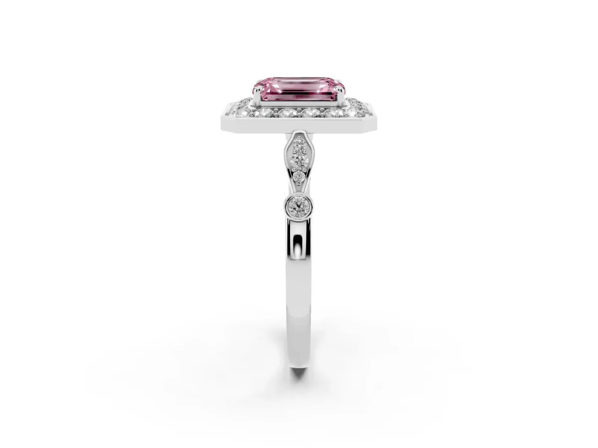 Fancy Pink Emerald Cut Halo Diamond Engagement Ring with Twisted Band and Four-Prong Setting Platinum