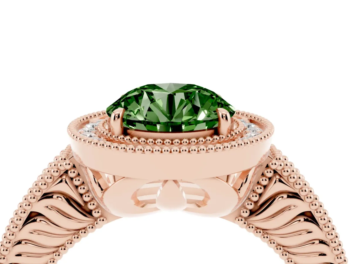 Fancy Green Round Cut Cut Halo Diamond Ring with Pavé Band and Four-Prong Setting Rose gold