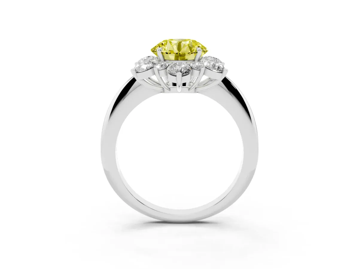 Fancy Yellow Round Cut Diamond Cluster Halo Ring with Solitaire Band and Four-Prong Setting White gold
