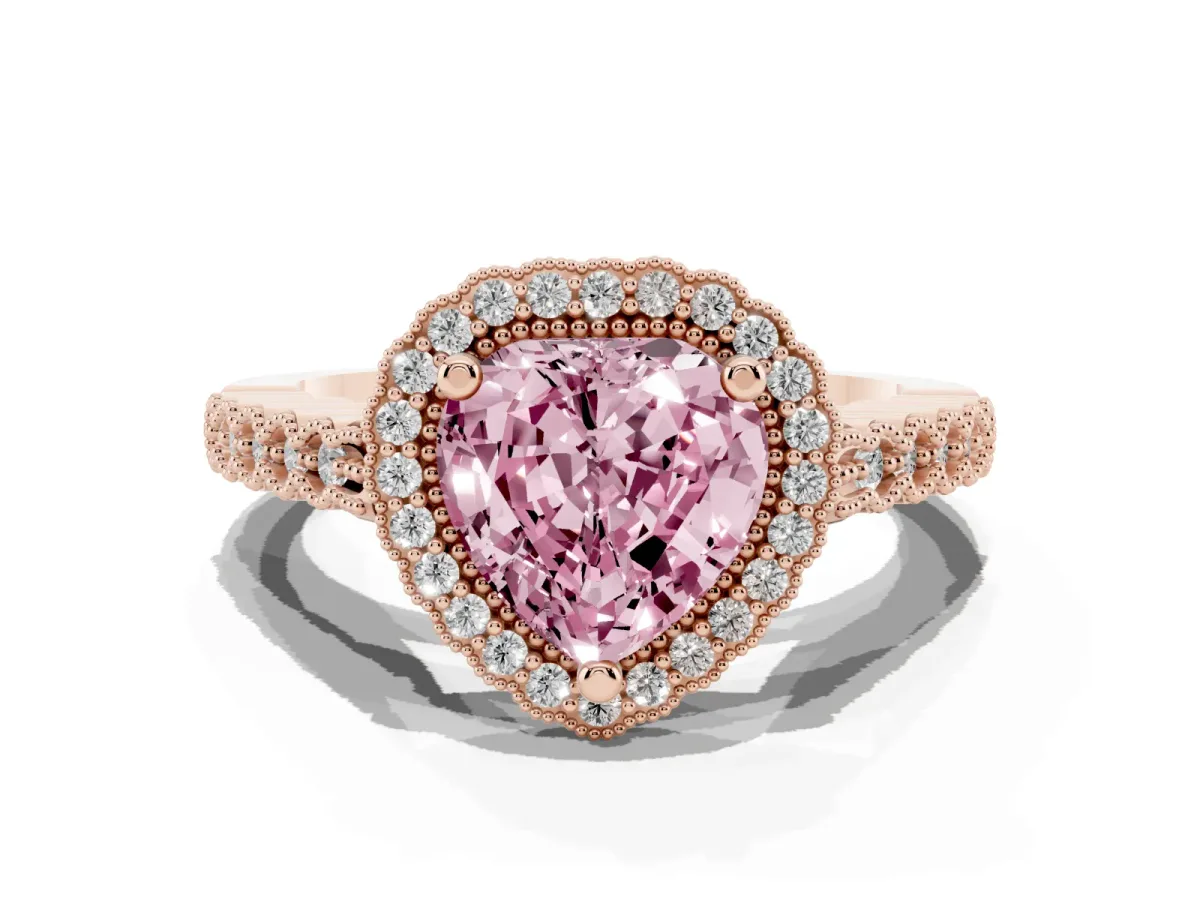 Fancy Pink Heart Cut Cut Halo Pavé Solitaire Ring with Milgrain Band Rose gold