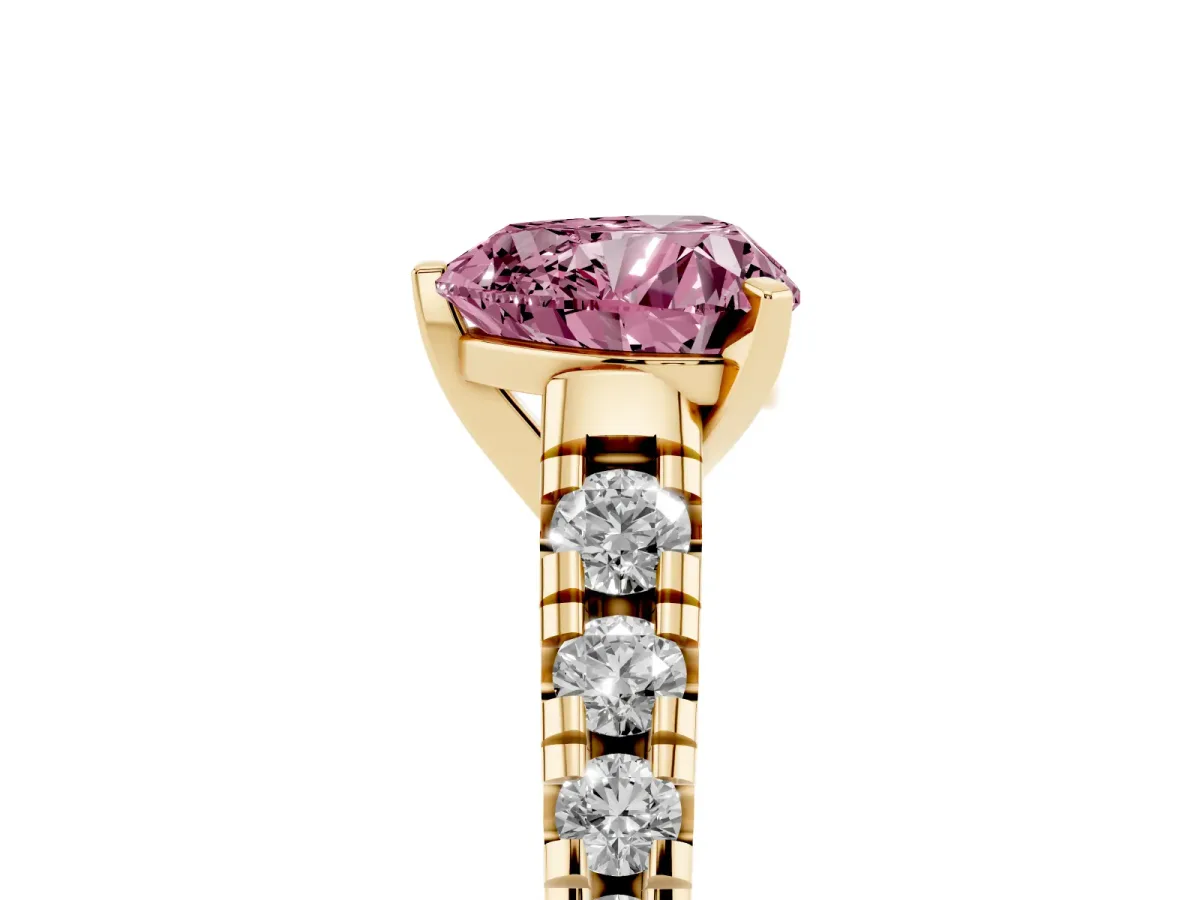 Fancy Pink Heart Cut Diamond Cathedral Solitaire Ring with Round Pavé Band Yellow gold
