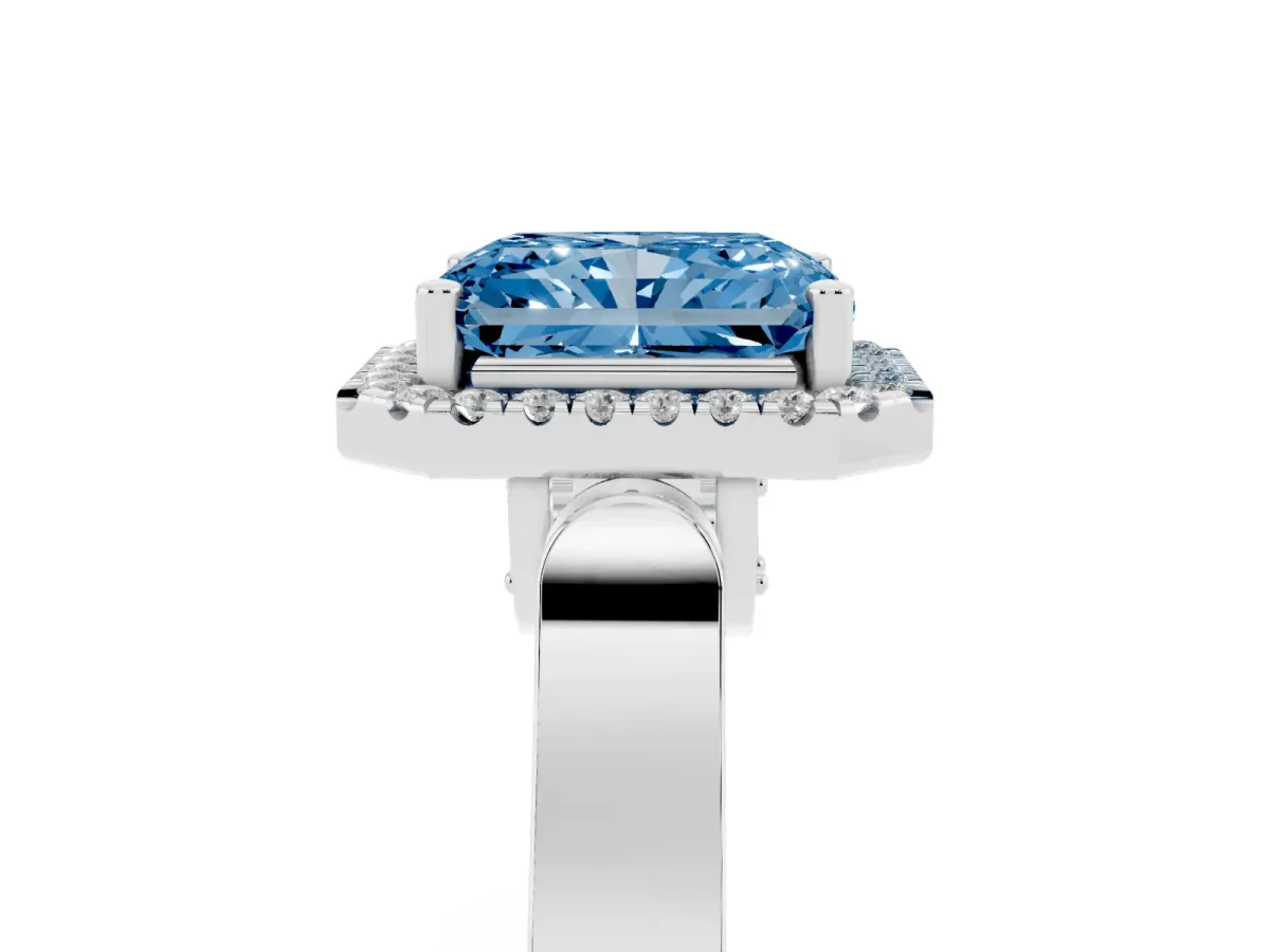 Fancy Blue Radiant Cut Halo Pave Split Shank Prong Setting Ring Silver