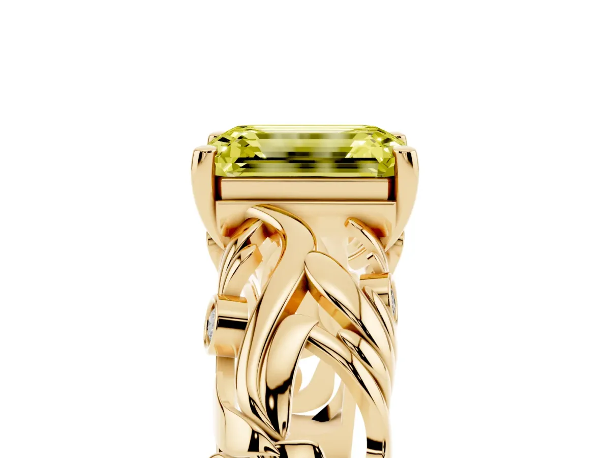 Fancy Yellow Emerald Cut Solitaire Diamond Leaf-Inspired Vine Band Ring with Prong Setting Yellow gold
