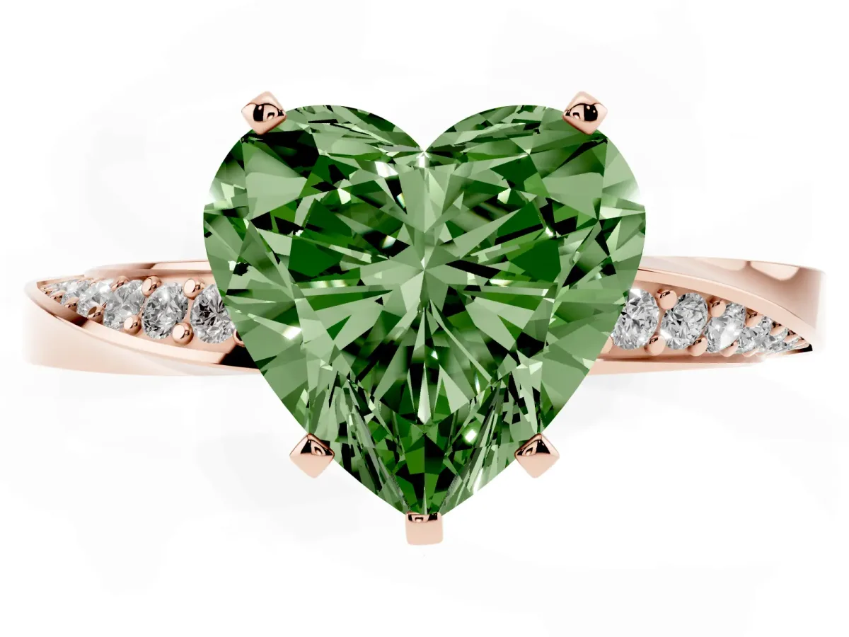 Fancy Green Heart Cut Diamond Engagement Ring with Side Stone Accents and Four-Prong Setting Rose gold