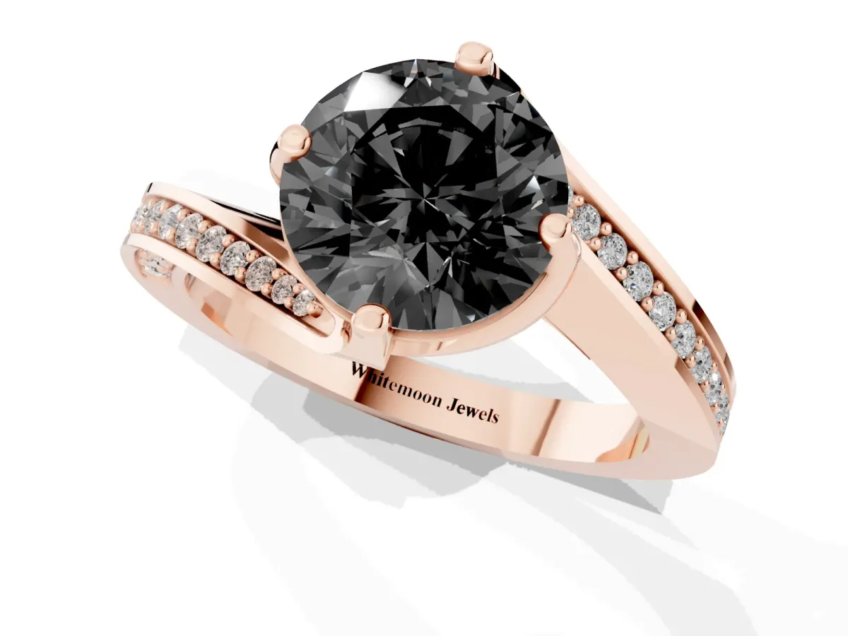 Fancy Black Round Cut Solitaire Diamond Twist Band with Pavé Setting and Four-Prong Setting Rose gold
