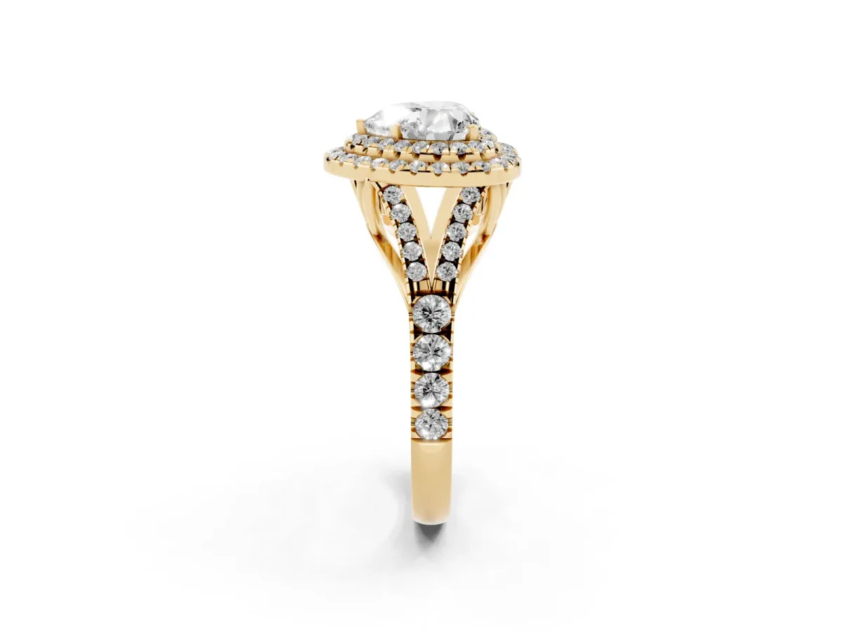 Double Halo Heart Cut Diamond Split Shank Engagement Ring with Four-Prong Setting Yellow gold