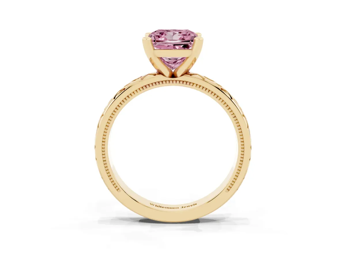 Fancy Pink Princess Cut Solitaire Engagement Ring with Scrollwork Band and Four-Prong Setting Yellow gold