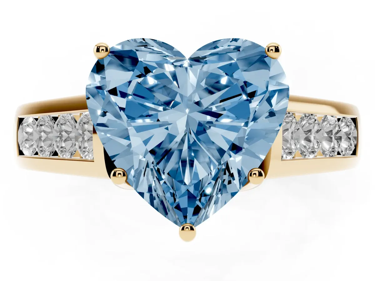 Fancy Blue Heart Cut Solitaire Channel-Set Diamond Engagement Ring with Four-Prong Setting Yellow gold