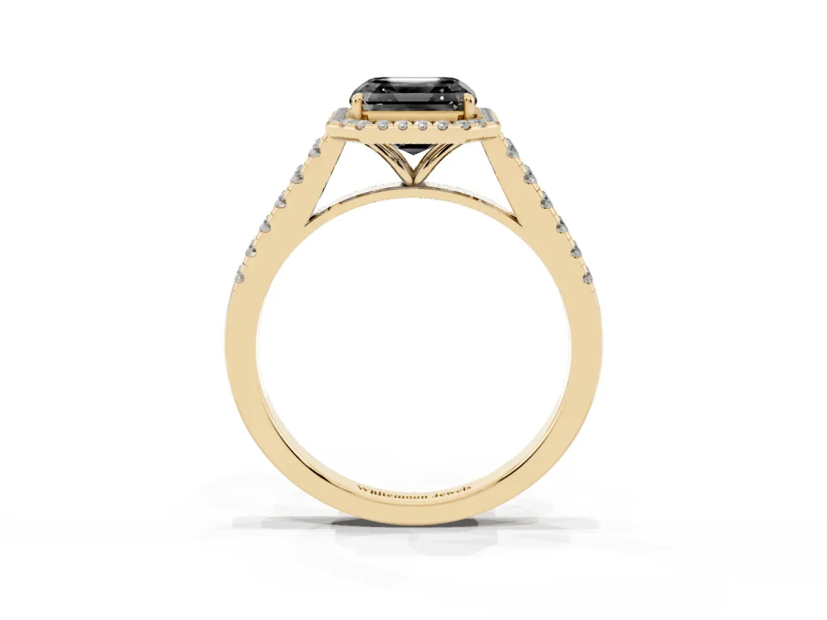 Fancy Black Asscher Cut Halo Pave Diamond Engagement Ring with Four-Prong Setting Yellow gold