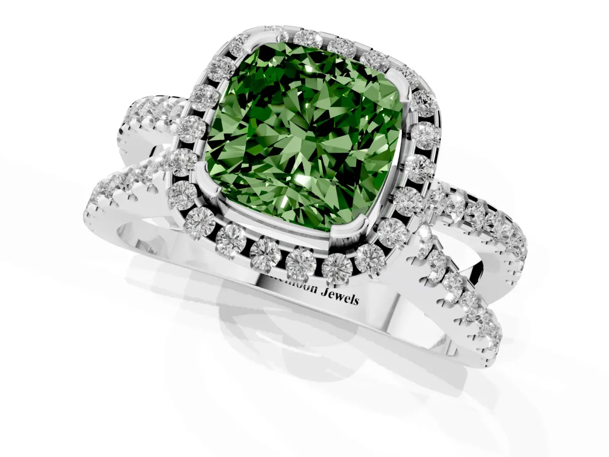 Fancy Green Cushion Cut Diamond Halo Ring with Split Shank Pavé Band and Prong Setting Platinum