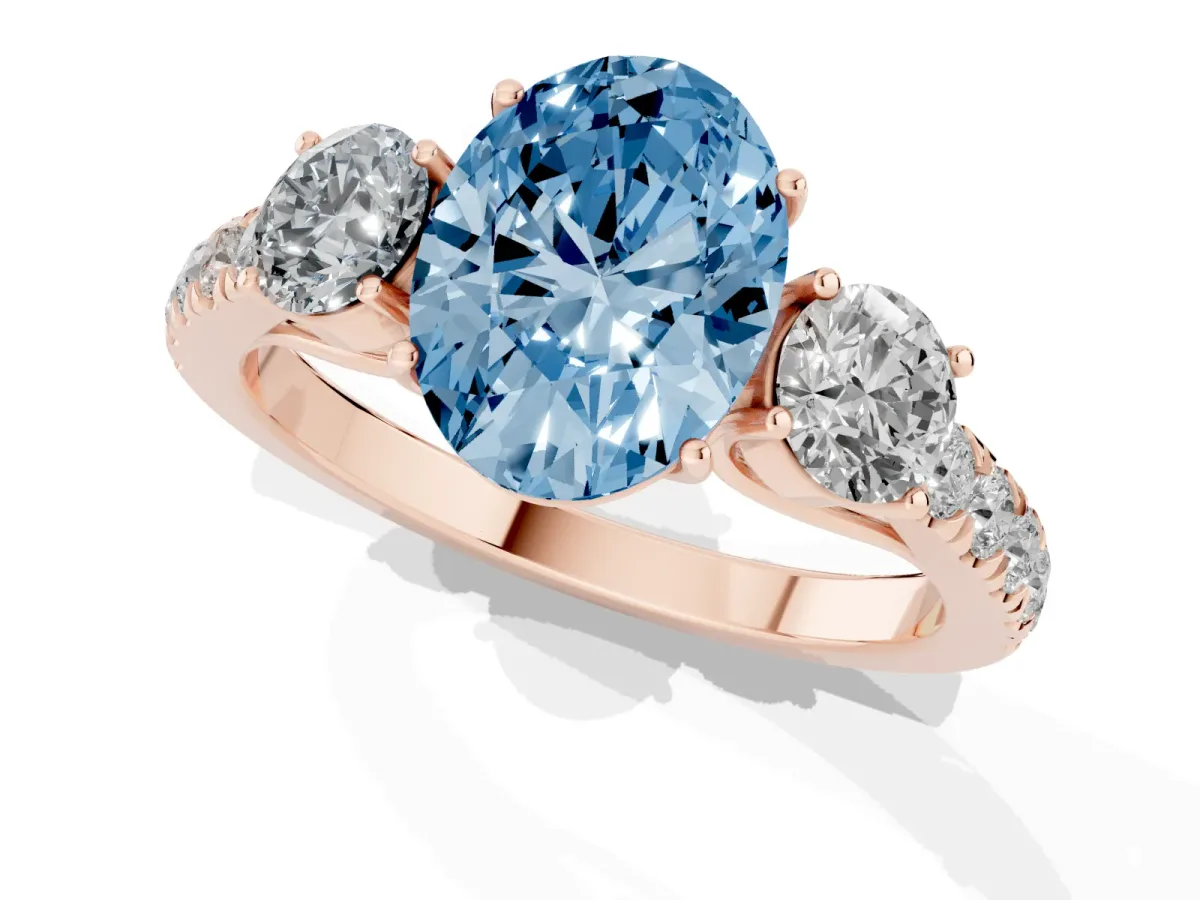 Fancy Blue Oval Cut Cut Diamond Three-Stone Ring with Round Side Stones and Pavé Band Rose gold