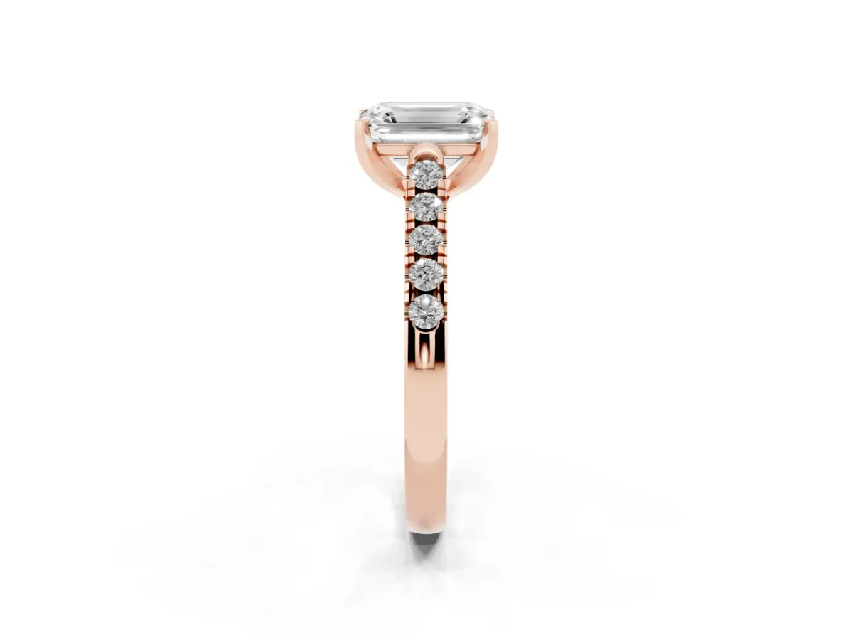 Emerald Cut Diamond Pavé Band Solitaire Ring with Prong Setting Rose gold