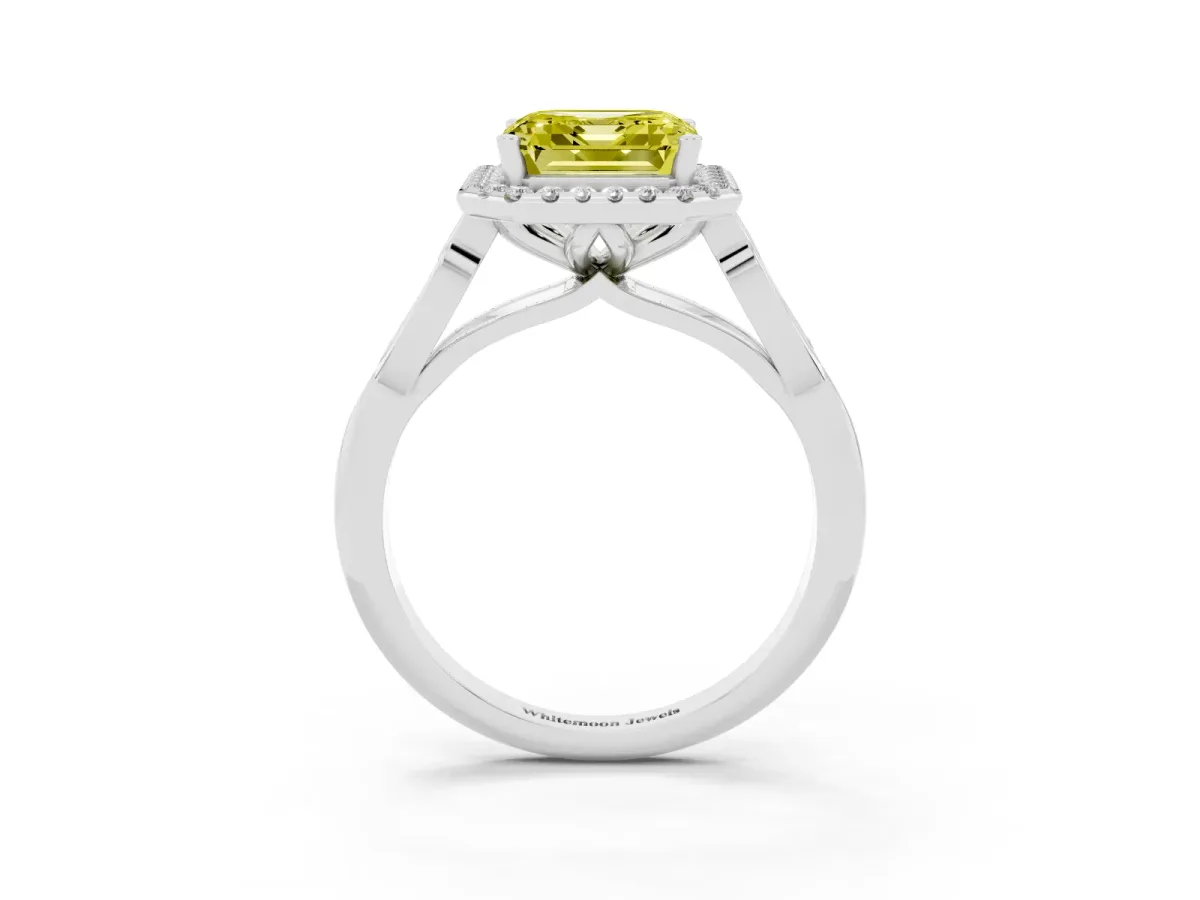 Fancy Yellow Asscher Cut Halo Diamond Engagement Ring with Filigree Band and Four-Prong Setting White gold