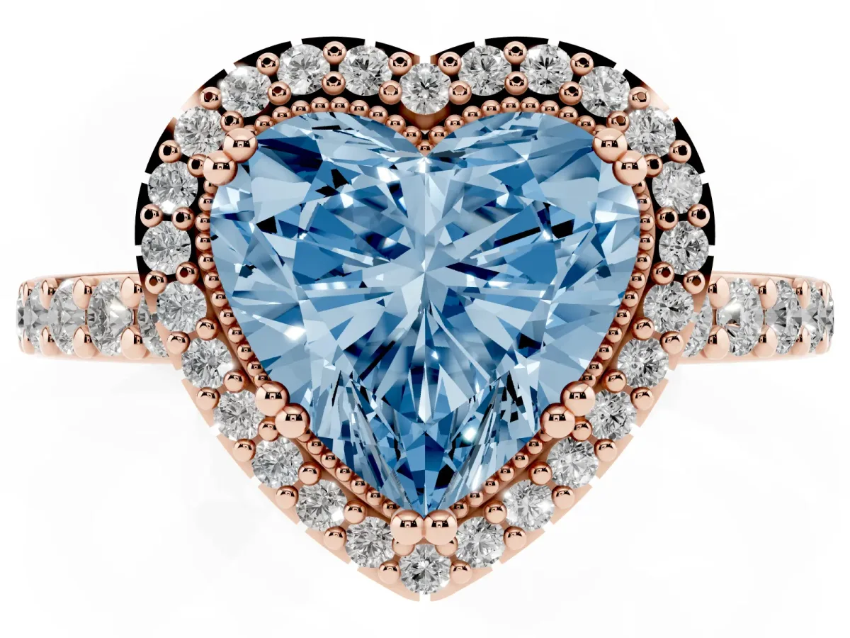 Fancy Blue Heart Cut Cut Diamond Halo Engagement Ring with Milgrain Detail and Pavé Band Rose gold
