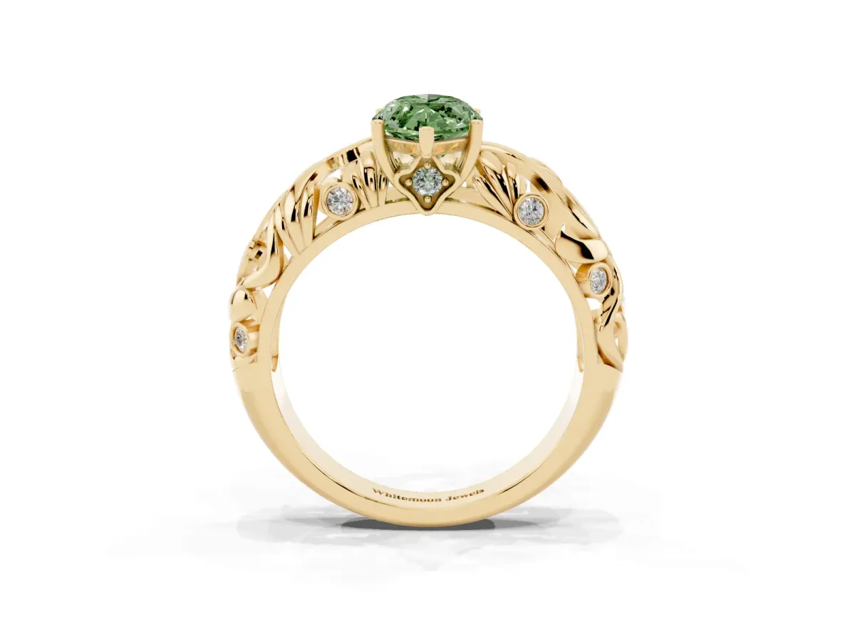 Fancy Green Marquise Cut Solitaire Diamond Leaf-Inspired Vine Band Ring with Prong Setting Yellow gold