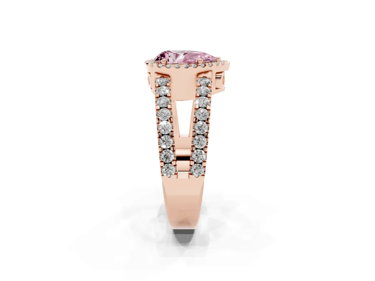 Fancy Pink Pear Cut Cut Halo Split Shank Diamond Ring with Four-Prong Setting Rose gold