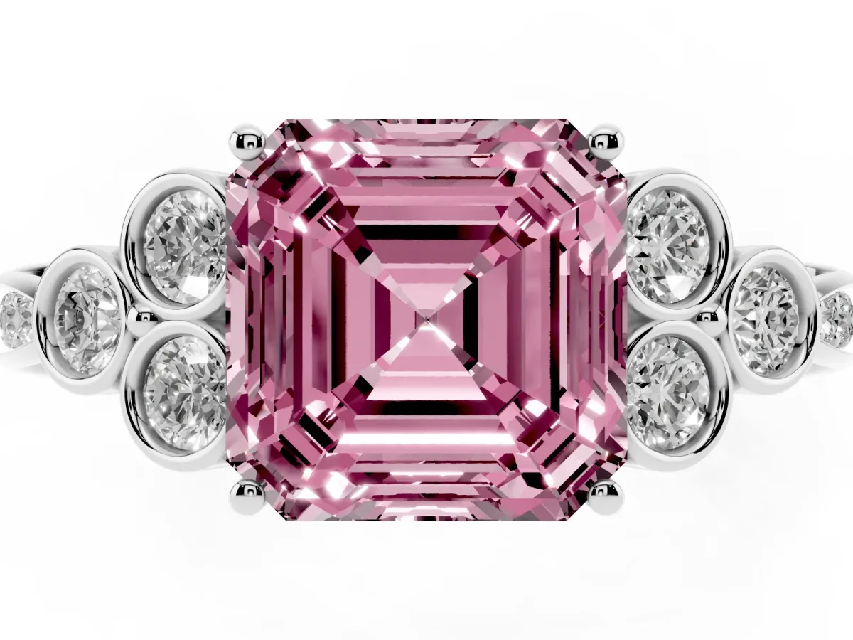 Fancy Pink Asscher Cut Cut Diamond Engagement Ring with Bezel Set Round Side Stones and Prong Setting Platinum