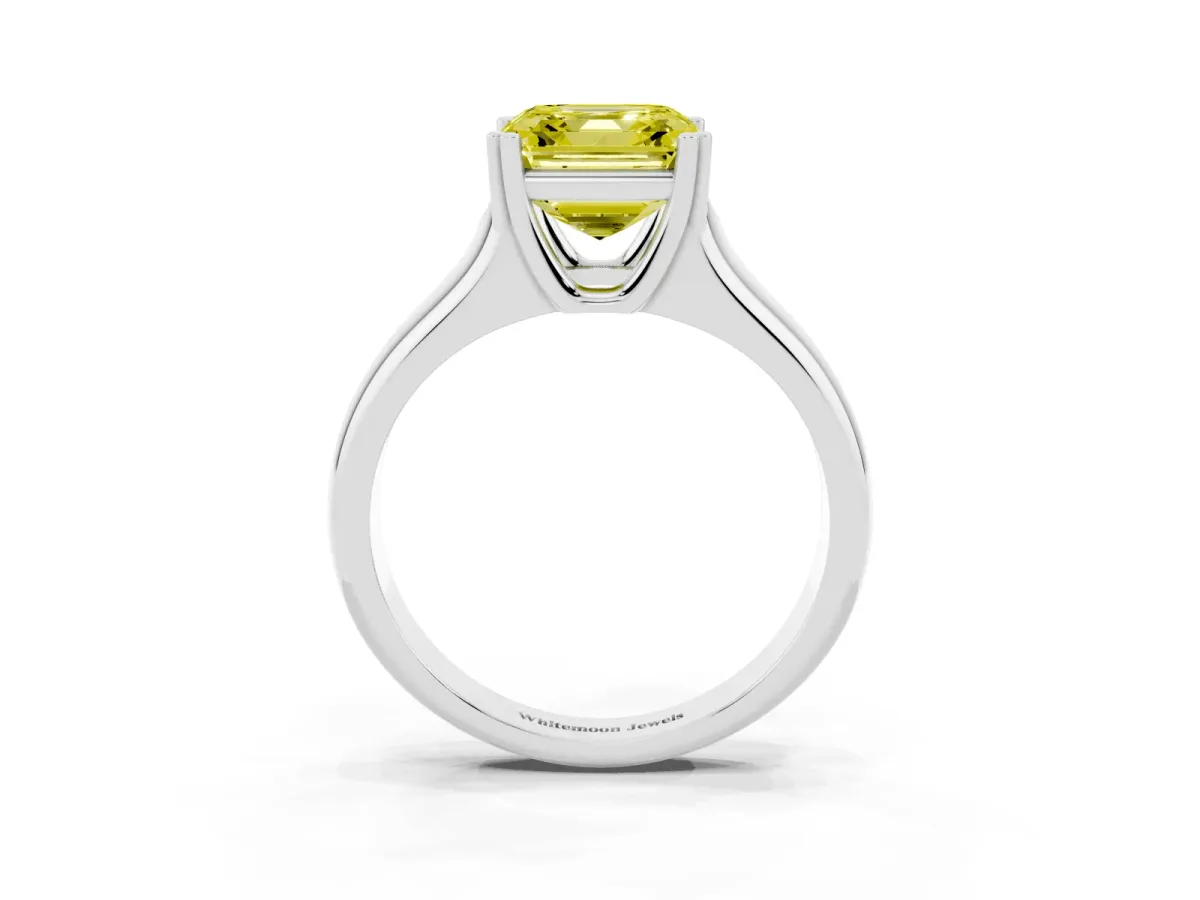 Fancy Yellow Asscher Cut Diamond Solitaire Ring with Wide Band and Prong Setting Platinum