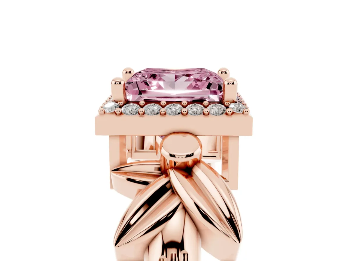 Fancy Pink Princess Cut Halo Diamond Floral Band with Four-Prong Setting Rose gold