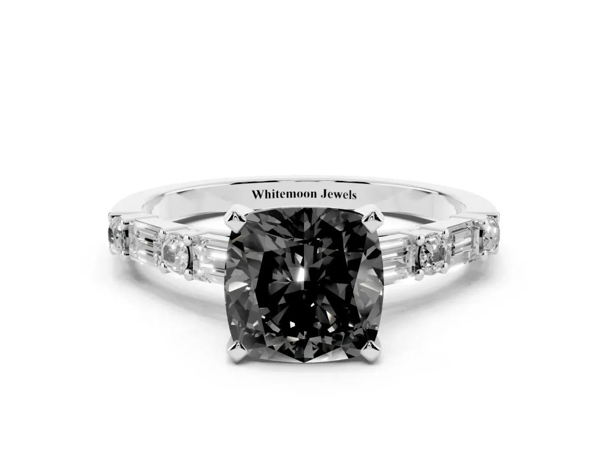 Fancy Black Cushion Cut Diamond Solitaire with Side Baguettes and Channel Set Band White gold