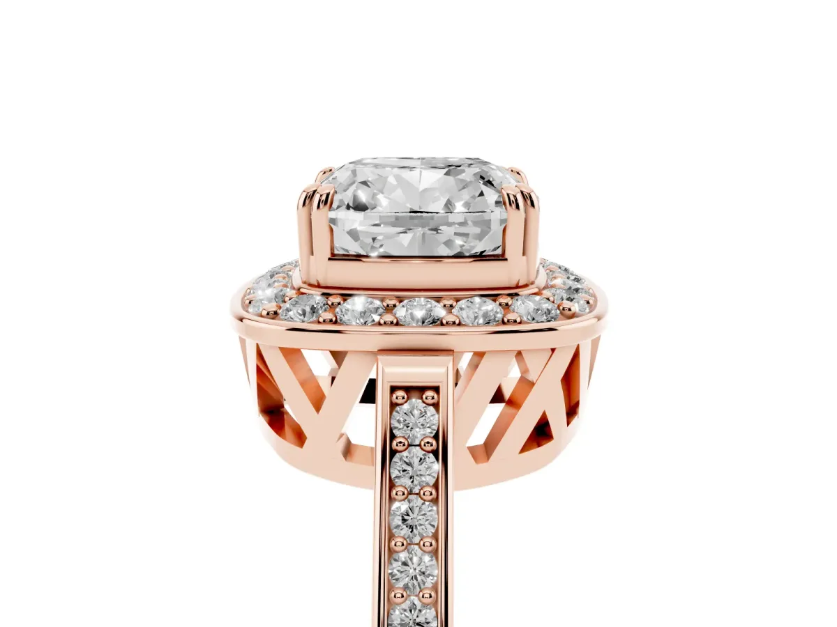 Cushion Cut Diamond Halo Ring with Split Shank and Four-Prong Setting Rose gold