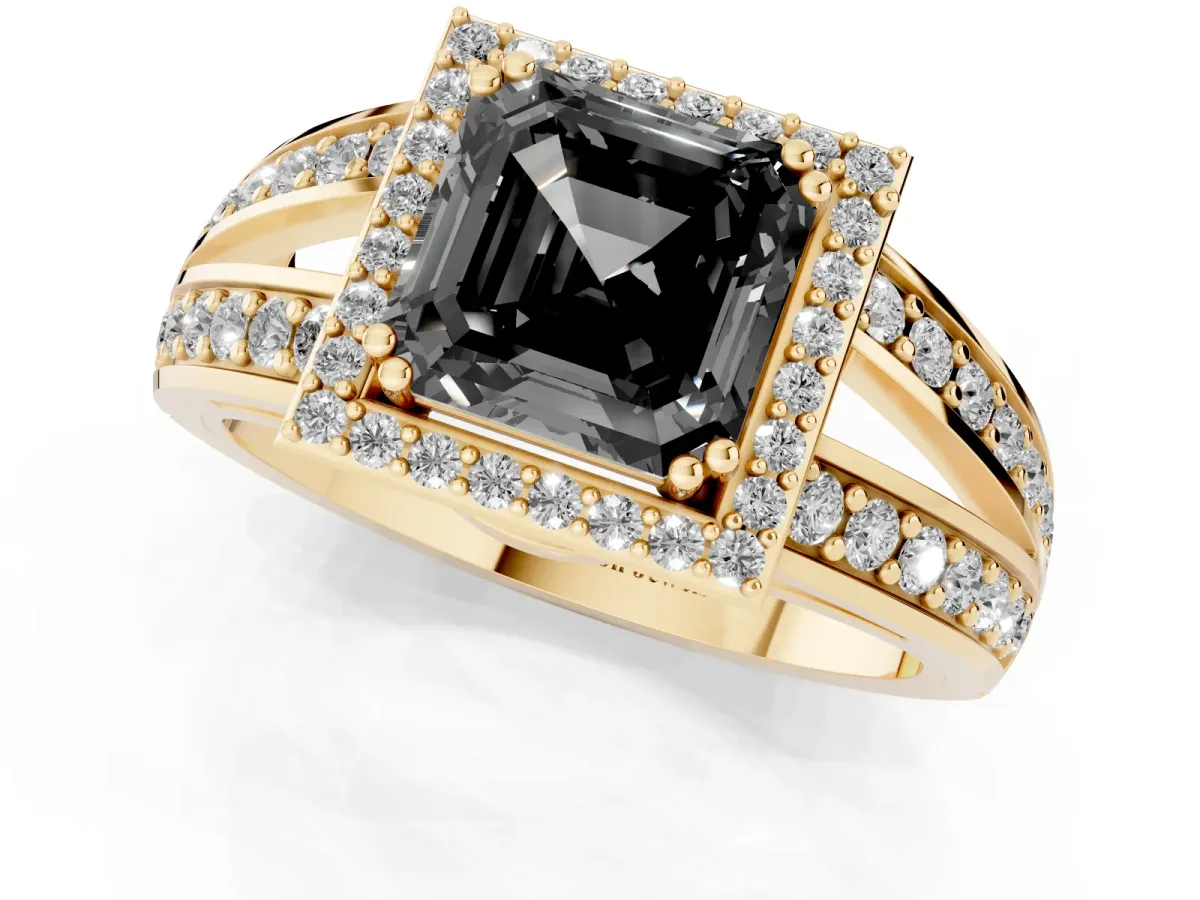 Fancy Black Asscher Cut Diamond Halo Ring with Split Shank Pavé Band and Four-Prong Setting Yellow gold
