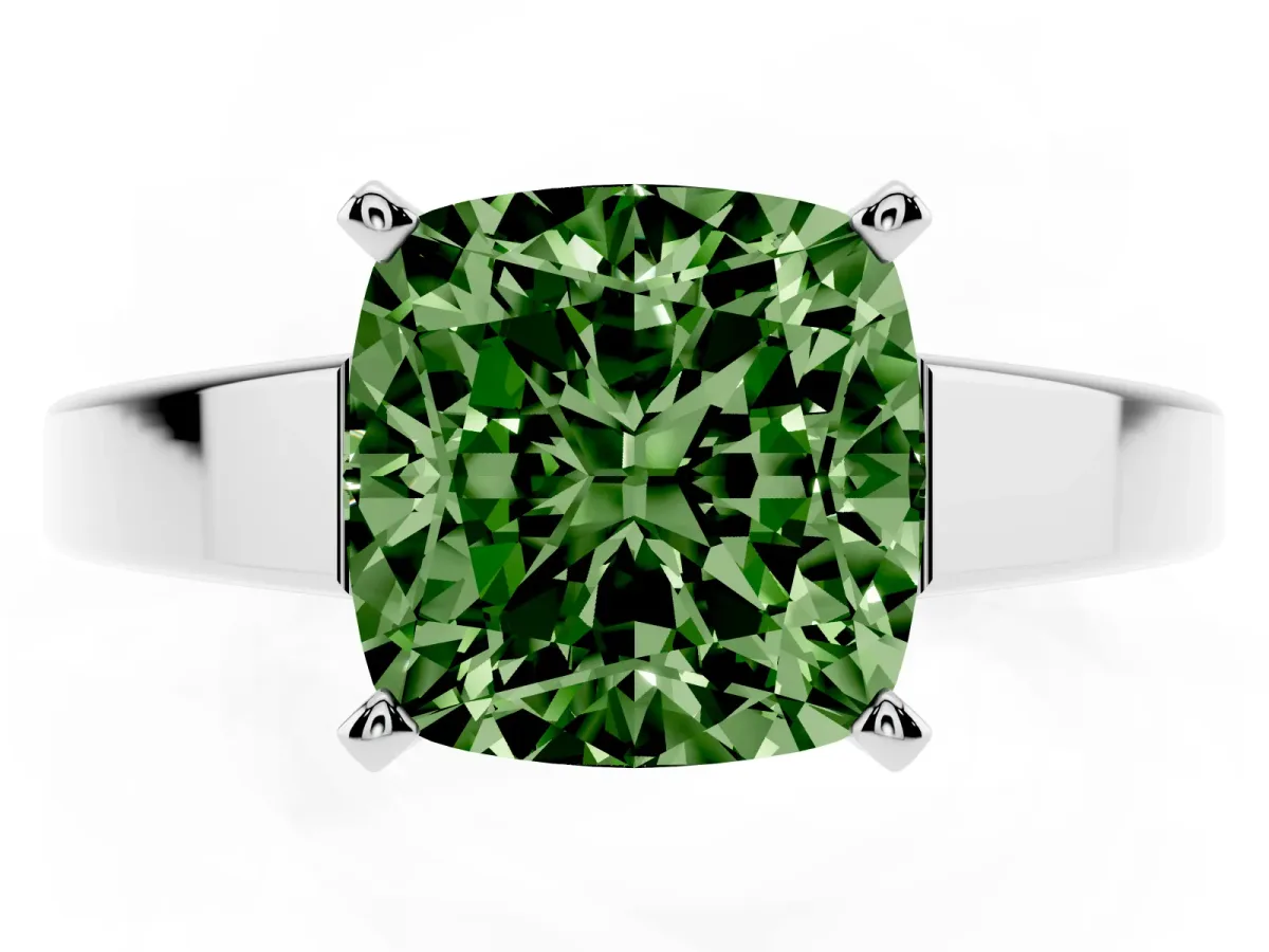 Fancy Green Cushion Cut Solitaire Engagement Ring with Four-Prong Setting and Tapered Band Silver