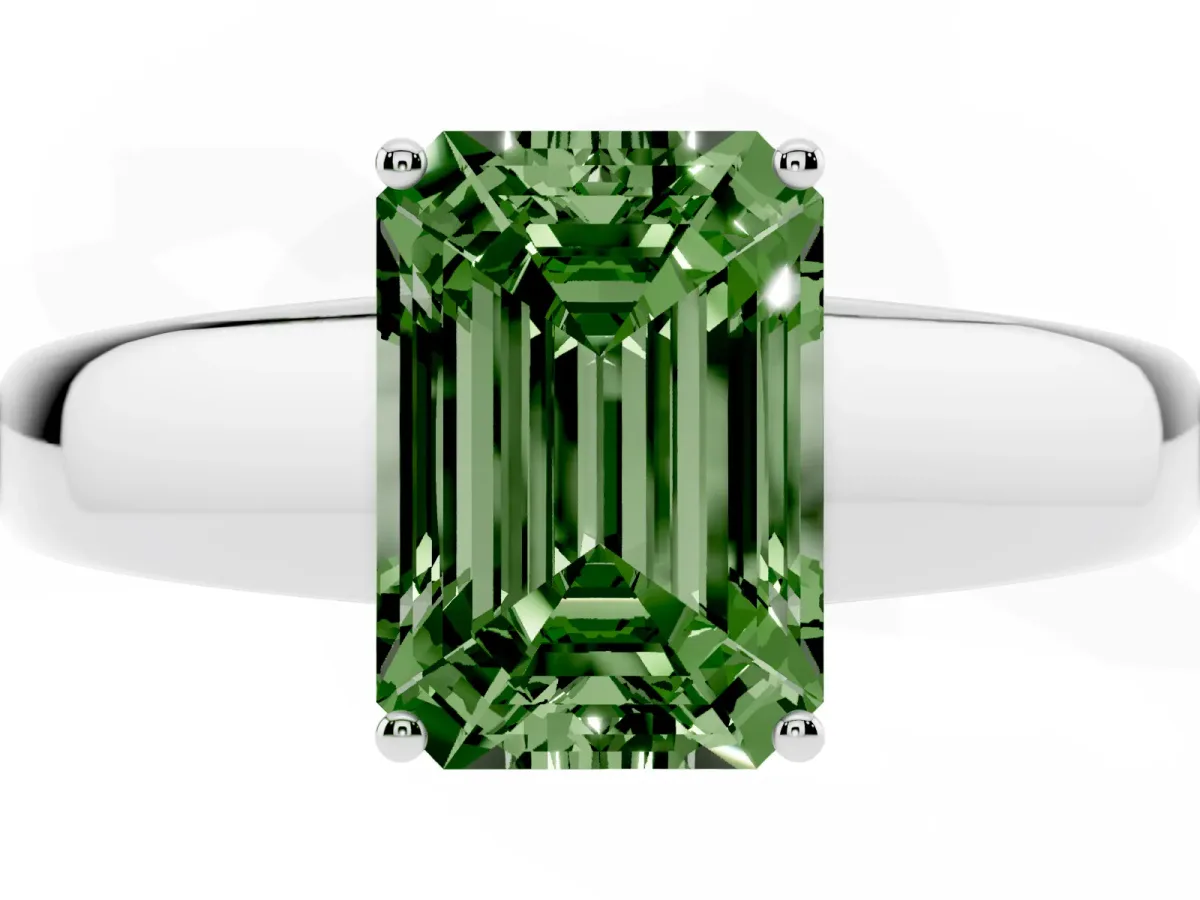 Fancy Green Emerald Cut Solitaire Diamond Ring with Tapered Band and Four-Prong Setting White gold