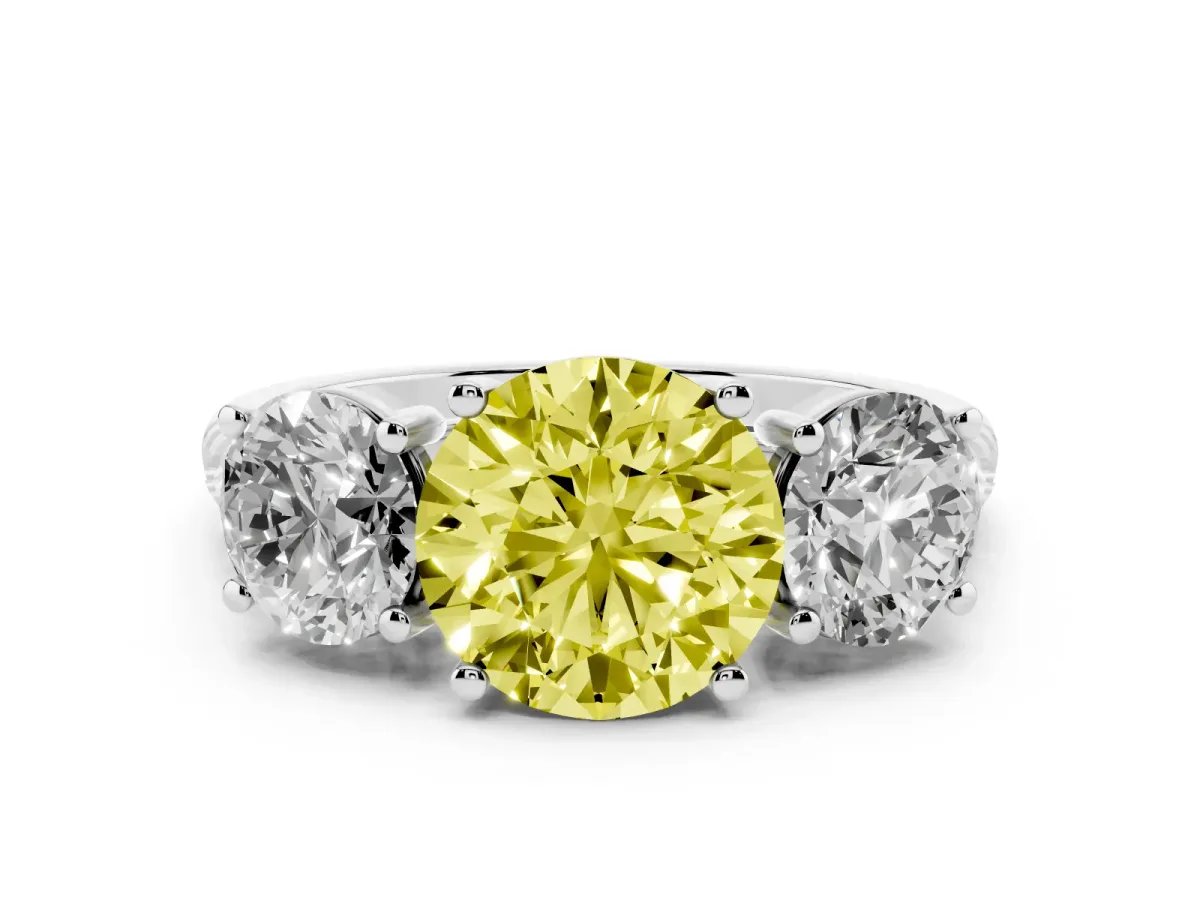 Fancy Yellow Three-Stone Round Cut Diamond Ring with Round Pavé Band and Prong Setting Silver