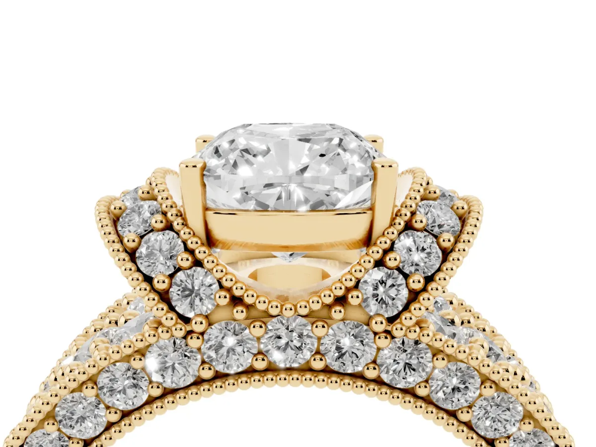 Cushion Cut Halo Pave Diamond Engagement Ring with Milgrain Detailing Yellow gold